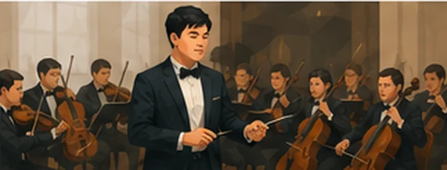 Illustration of Fransisko in formal dress conducting a string orchestra with a baton.