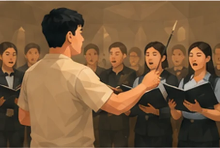 Illustration of Fransisko seen from behind, conducting a choir holding black folders.