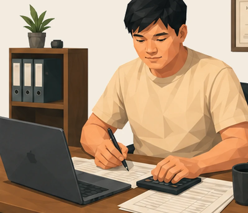 Illustration of Fransisko at a desk, working through paperwork with a laptop and calculator, a framed certificate on the wall behind him.