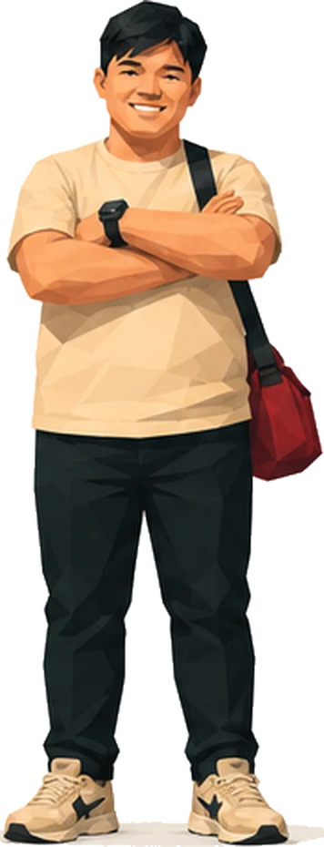 Illustration of Fransisko Rumagit standing with his arms folded, wearing a cream t-shirt, dark trousers and a red satchel.