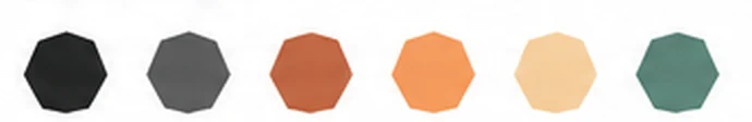 Six colour swatches: charcoal, grey, terracotta, amber, cream and sage green.