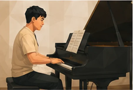 Illustration of Fransisko seated at a grand piano, reading from sheet music.
