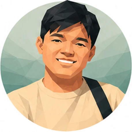 Portrait illustration of Fransisko Rumagit, smiling, against a soft sage-green background.