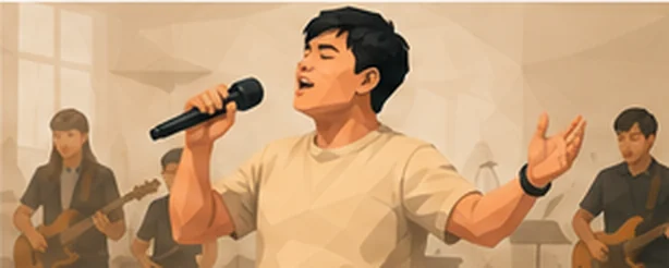 Illustration of Fransisko singing into a handheld microphone with a worship band behind him.